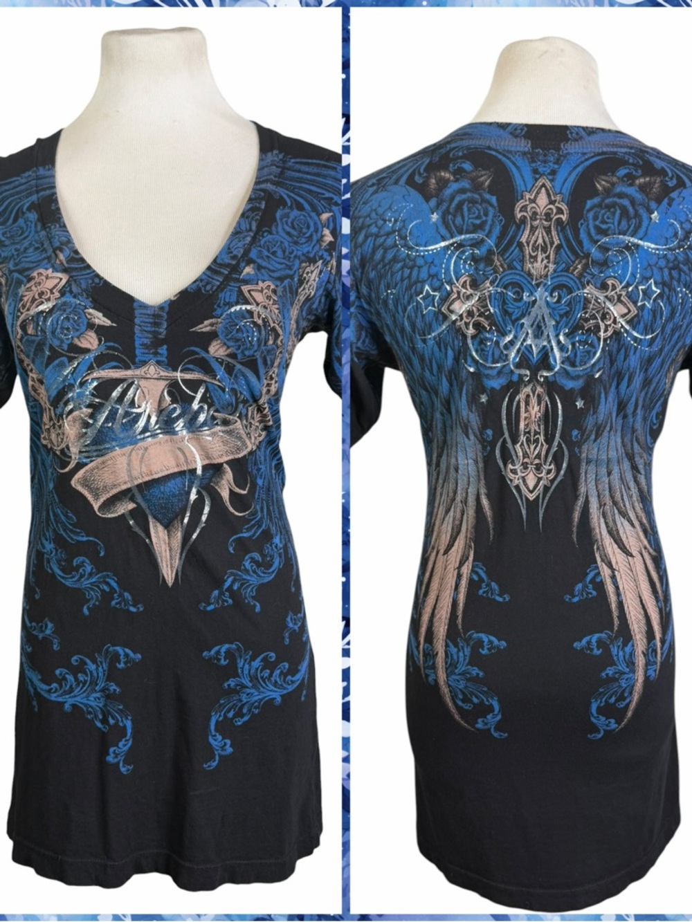 Archaic Black, Blue & Silver Metallic Roses, Hearts & Angel Wings V-Neck Tee - L